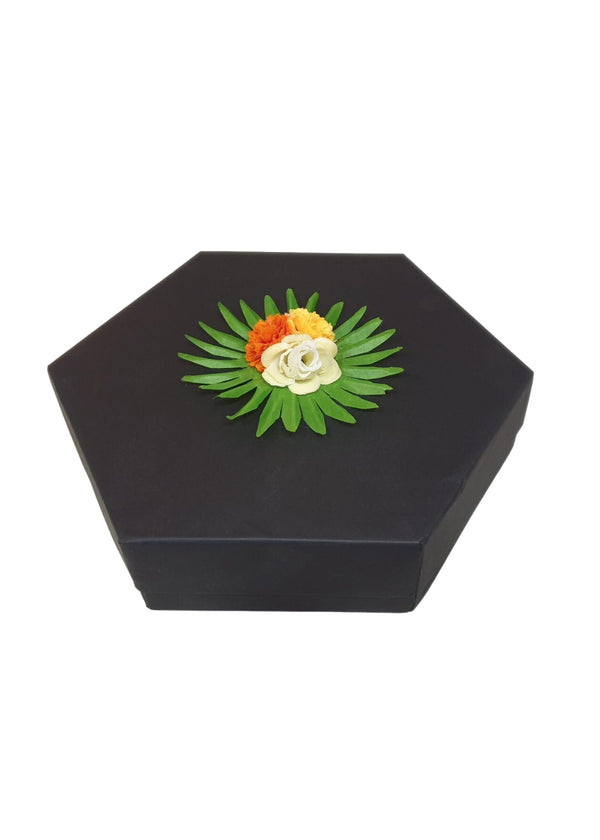 Morocco Hexagon Plain Black Box With Flower For Multipurpose Gift Packaging