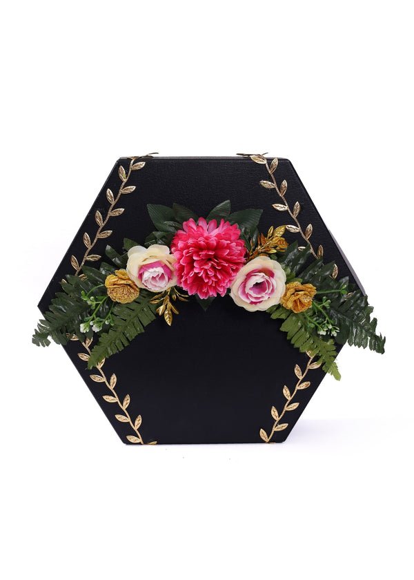 Morocco Hexagon Plain Black Box With Flower For Multipurpose Packaging