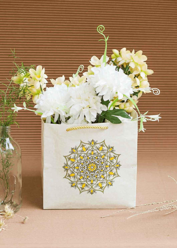 Premium Floral Cream Bag 7.7x7.7 inch - Golden design Patter - Square Bag For Gift Box Packaging - BoxGhar