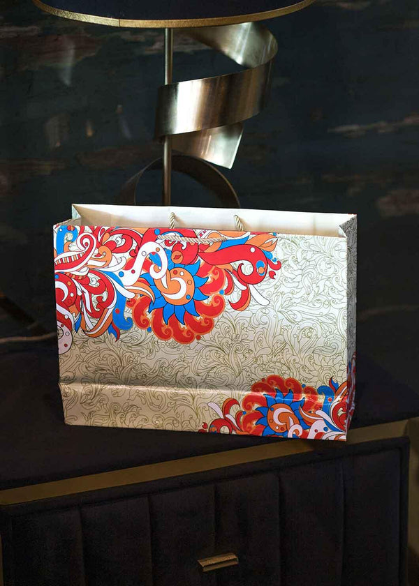 Red Floral Design - Cream Premium  Bag for Multipurpose Packing - Large Paper Bag - BoxGhar