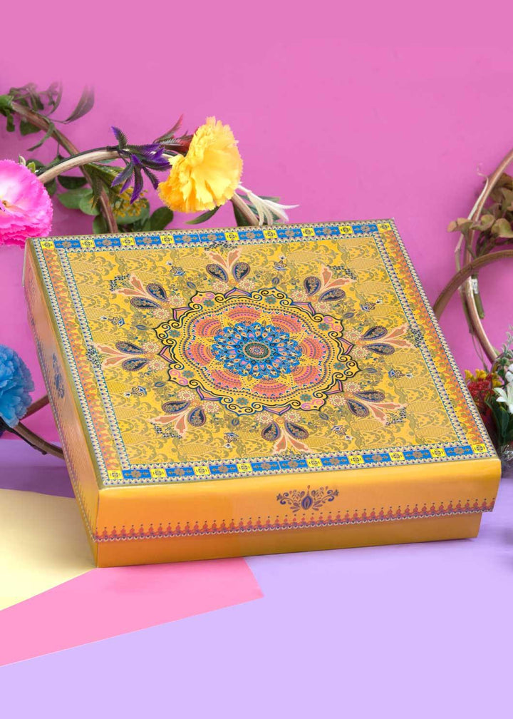 Multi Pattern Ornamental Floral Design Box for Packing - Cloth Packaging Box - Square Yellow Box - BoxGhar