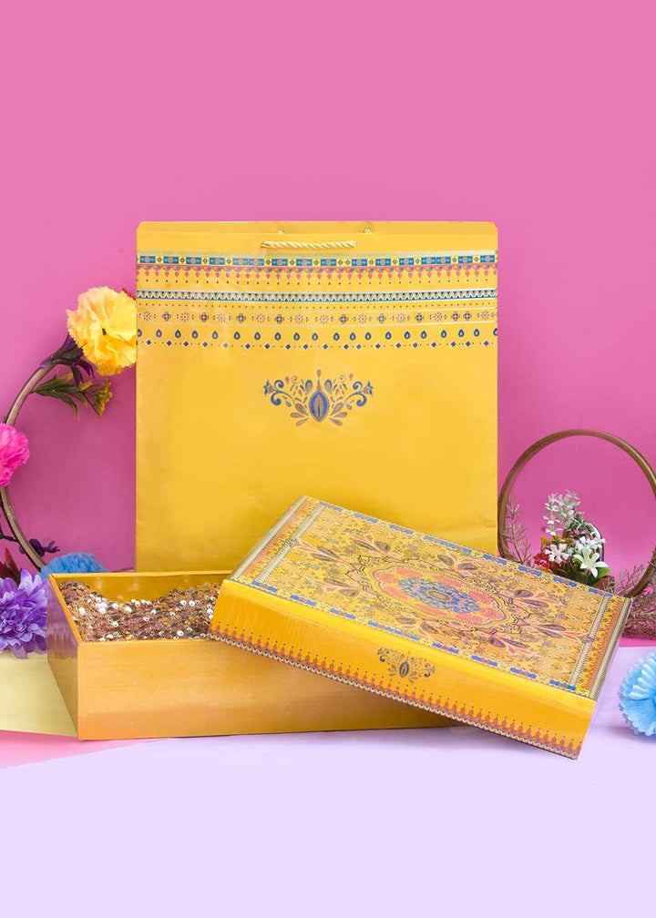 Multi Pattern Ornamental Floral Design Box for Packing - Cloth Packaging Box - Square Yellow Box - BoxGhar