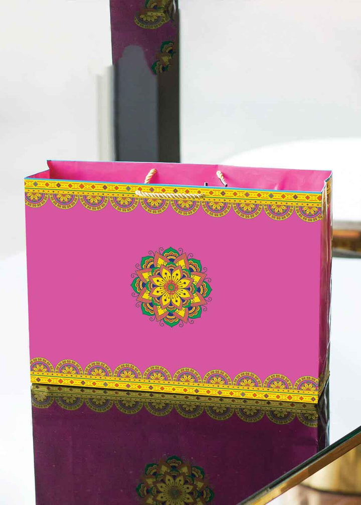 Pink Paper Bag - Yellow Floral Design Bag for Multipurpose Packing - Large Paper Bag - BoxGhar